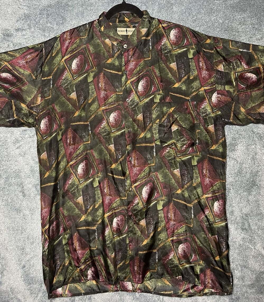 Vintage 90's Robert Stock 100% Silk Abstract Pattern Men's Shirt Large
